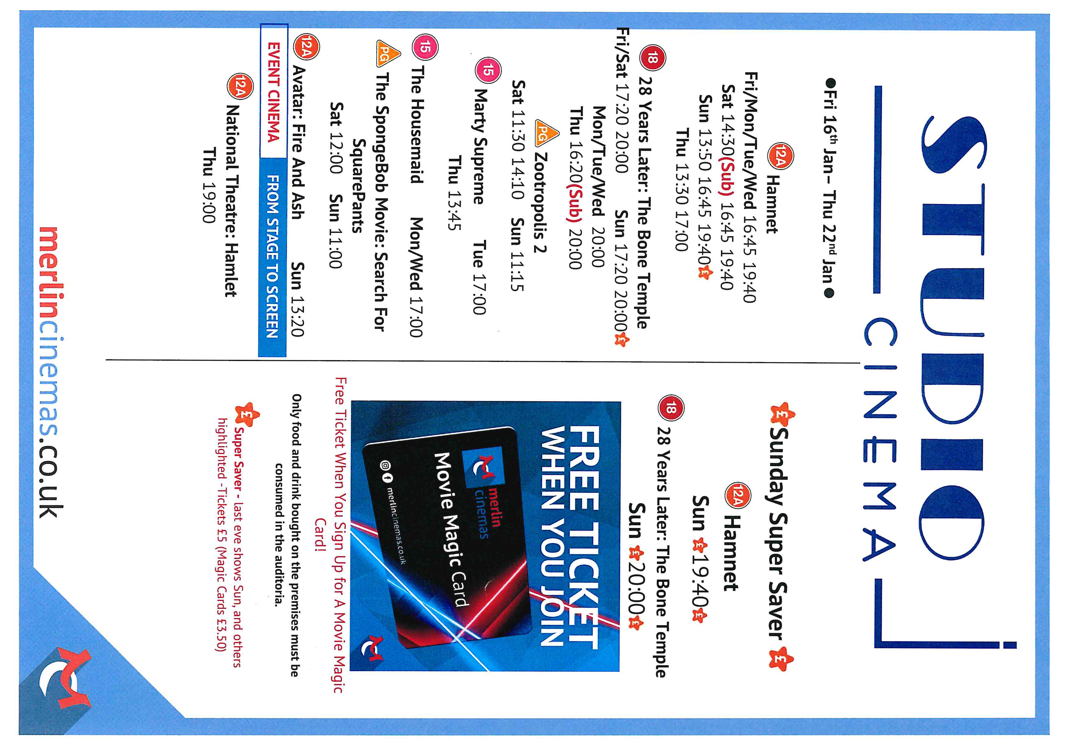 Studio Cinema Listings Fri 16th Jan - Thurs 22nd Jan